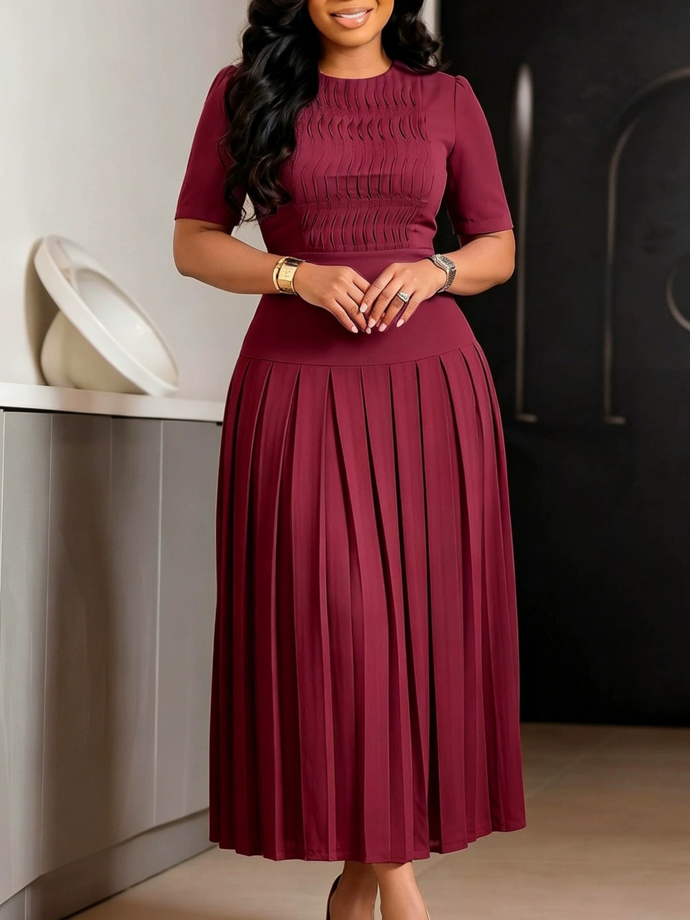 Pleated Round Neck Patchwork Dress - Picture 3 of 9
